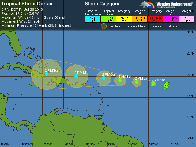  Tropical Storm Dorian is expected to weaken further as it heads westward. 