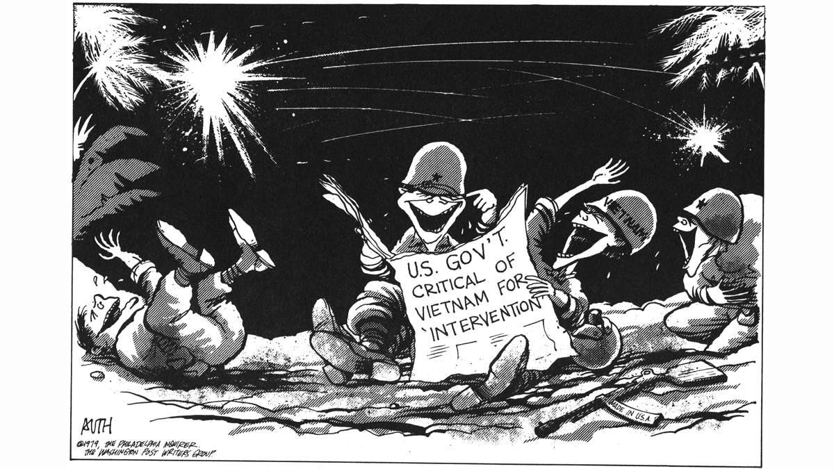 A Tony Auth political cartoon, dated 1979, showing Vietnamese soldiers laughing at a newspaper headline reading: 