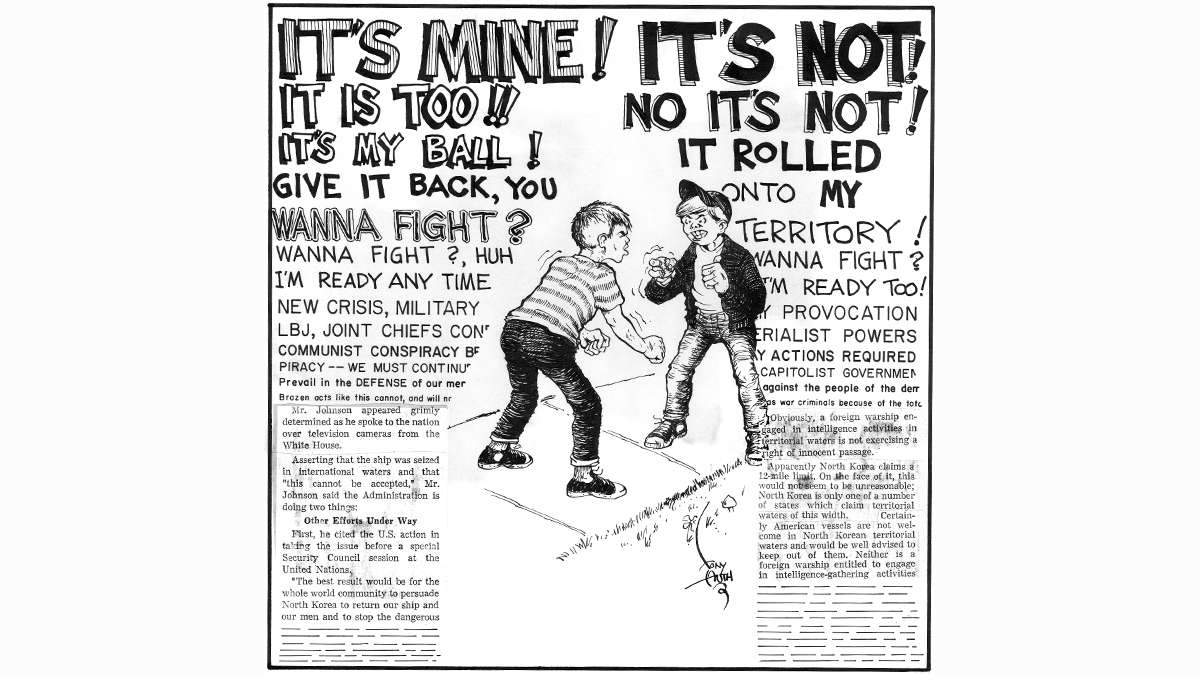 Tony Auth political cartoon showing two boys fighting over a ball, the words of their argument transitioning into newspaper clippings of coverage of the Vietnam War.