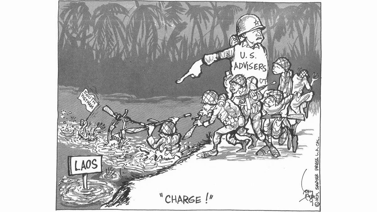 Tony Auth cartoon showing an Army officer representing 