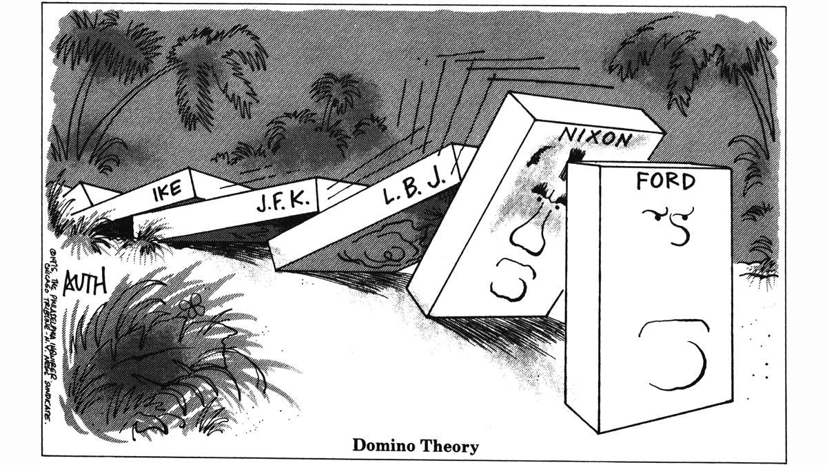 A Tony Auth political cartoon, dated 1975, showing the U.S. presidents as dominoes, where Eisenhower toppled JFK, who topples LBJ, who topples Nixon, who is about to topple Ford.