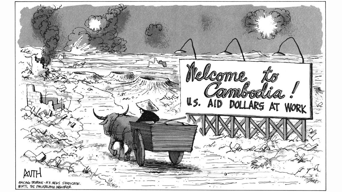 A Tony Auth political cartoon, dated 1975, showing a farmer driving an ox-pulled cart approaches a devastated countryside as he passes a sign that reads 