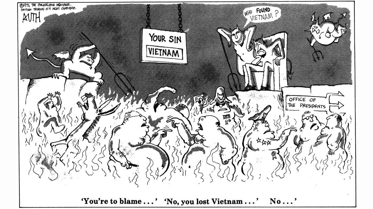 A Tony Auth political cartoon, dated 1975, showing American politicians and military officials in hell fighting over who is to blame for the Vietnam War as the devil looks on.