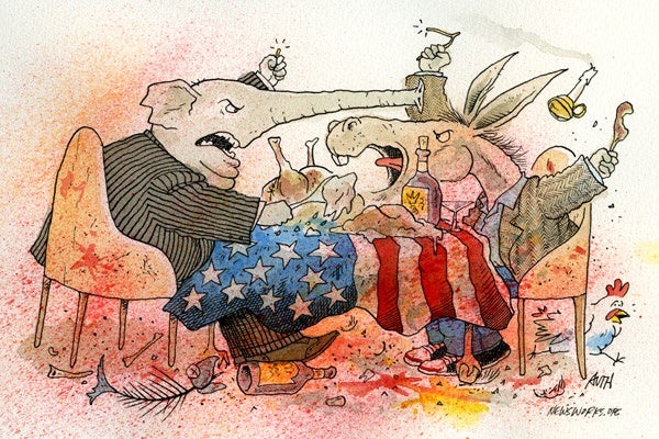 <p><p>On the heels of the election, Thanksgiving tables around the country might have looked something like this as Republicans toured whine country and Democrats perfected their "get out the gloat" operation. (Illustration by Tony Auth)</p></p>
