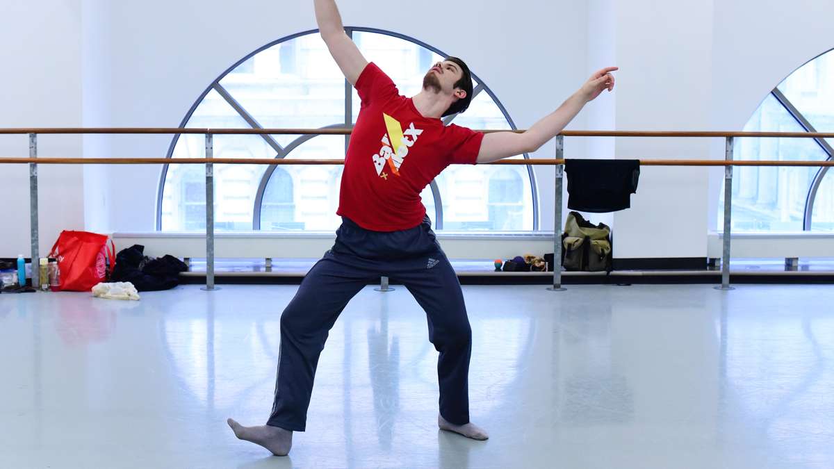 Zachary Kapeluck rehearses for ''Identity without Attribute,'' an original ballet choreographed by Matthew Neenan. (Bill Hebert/BalletX)