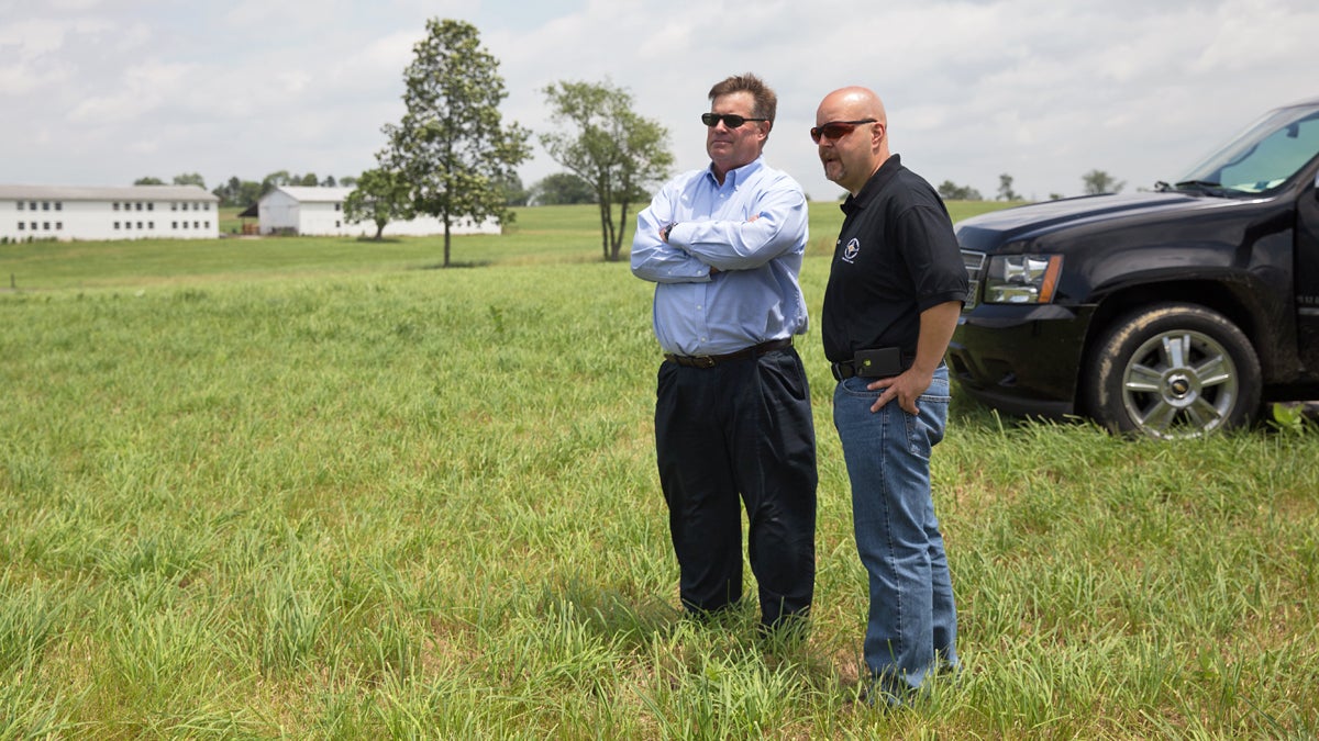  Randy Phiel (left) and Brian Gesuero discuss logistics for the upcoming Gettysburg battle re-enactment that will draw about 100,000 visitors over four days. (Lindsay Lazarski/WHYY)  