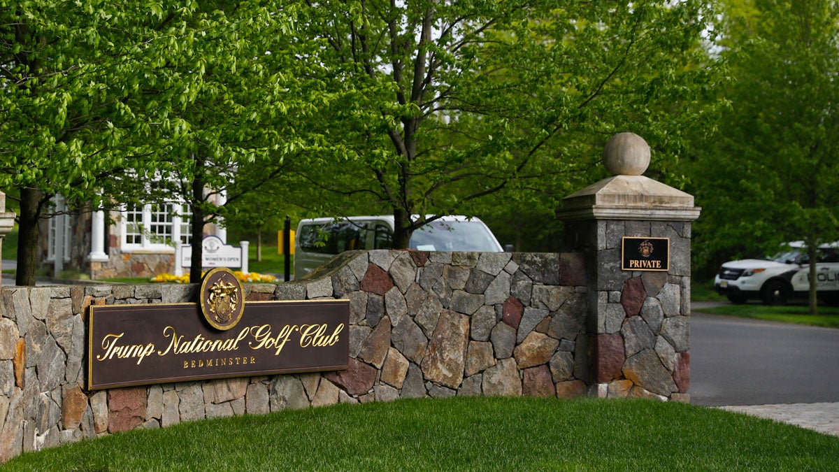 FILE - In this May 7, 2017 file photo, the entrance to Trump National Golf Club in Bedminster, N.J. (AP Photo/Pablo Martinez Monsivais, File) 