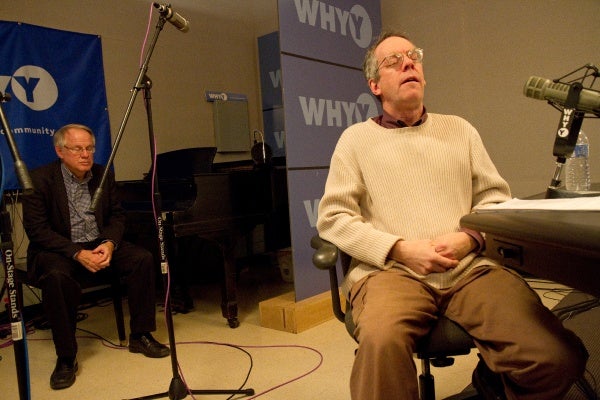 <p>John Timpane sings "The First Noel" during a recording of WHYY's radio play, "Certain Poor Shepherds."</p>
