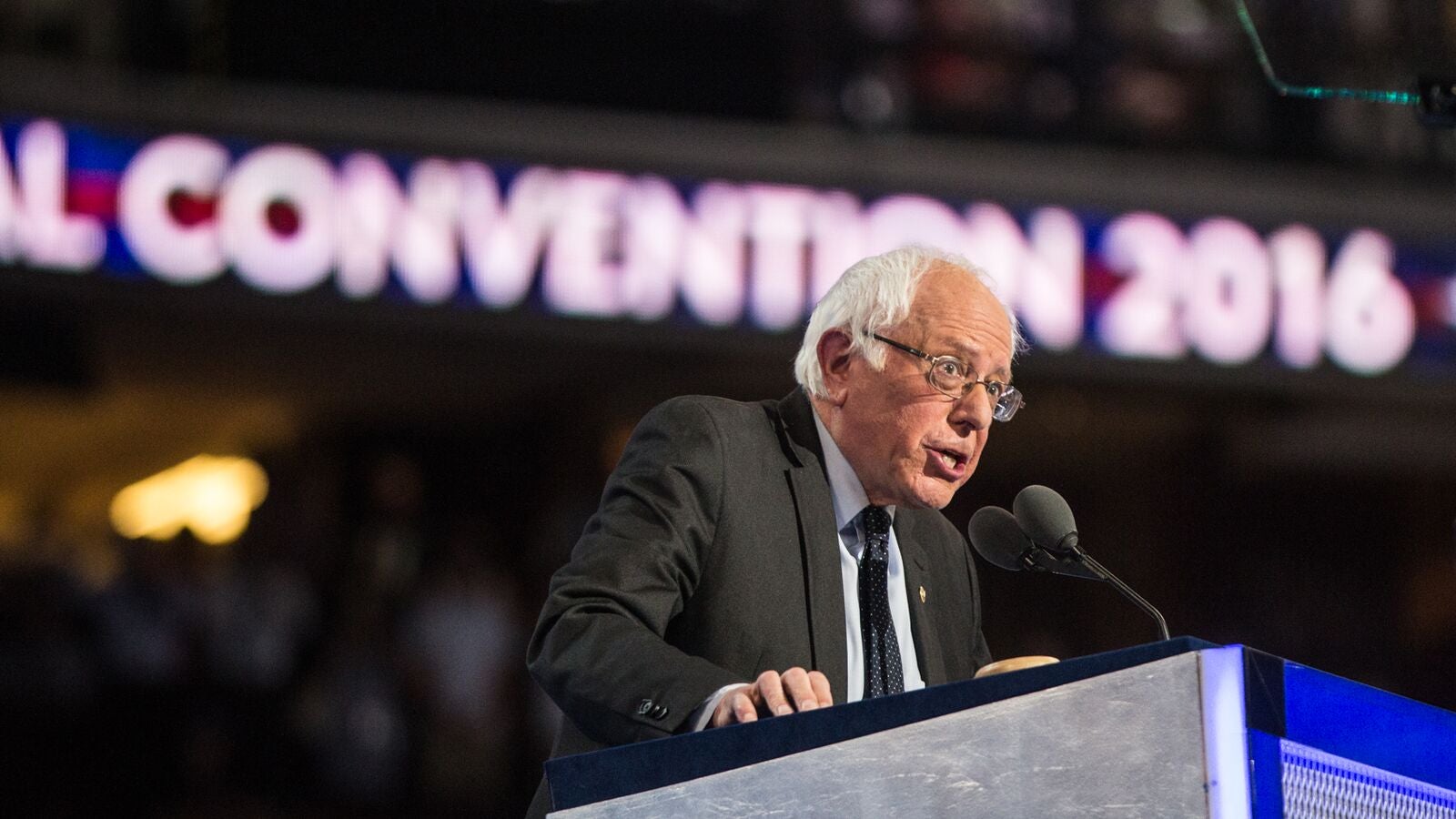 Bernie Sanders addresses the Democratic National Convention in Philadelphia on Monday