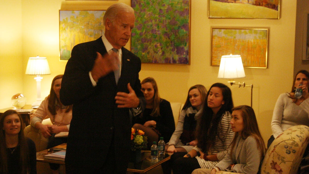  Vice President Joe Biden talks with members of the University of Delaware field hockey team at his home in Washington, D.C. (Mark Eichmann/WHYY) 