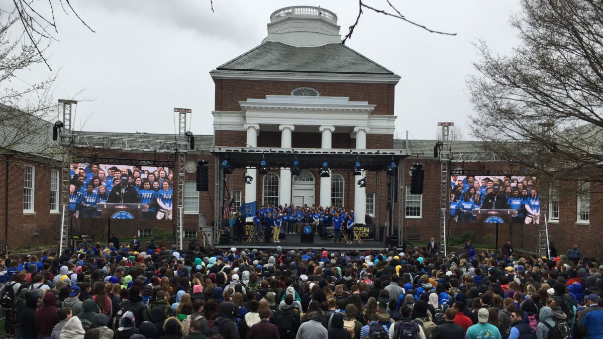  Hundreds turned out for the Biden is Back rally at the University of Delaware in Newark on Friday afternoon. (Paul Parmelee/WHYY) 