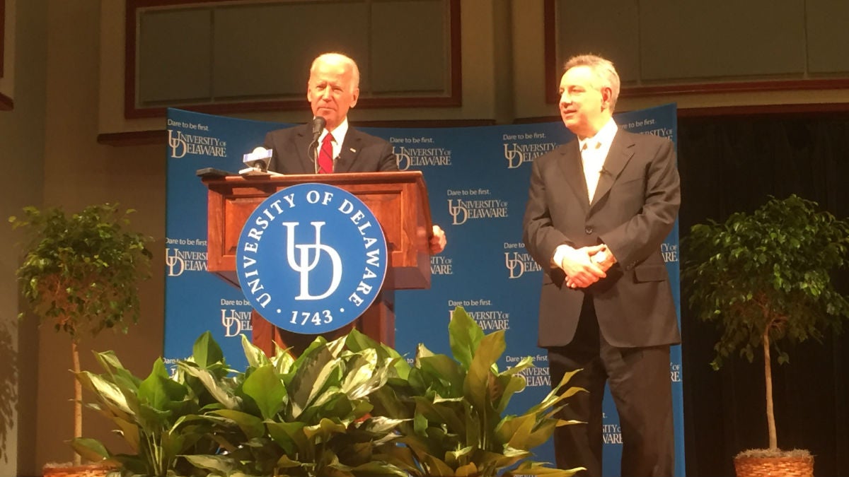  Biden speaks at the University of Delaware along side UD Pres. Dennis Assanis. (Zoë Read/WHYY) 