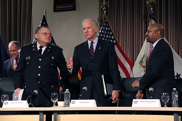 <p>Flanked by Philadelphia Police Chief Charles Ramsey and Mayor Michael Nutter, Vice President Joe Biden speaks about gun safety at Girard College. (Emma Lee/for NewsWorks)</p>
