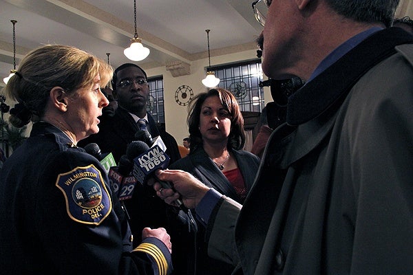 <p>Wilmington Police Chief Christine Dunning answers questions about the shootings at New Castle County Courthouse after attending a roundtable discussion on gun safety with Vice President Joe Biden in Philadelphia. (Emma Lee/for NewsWorks)</p>
