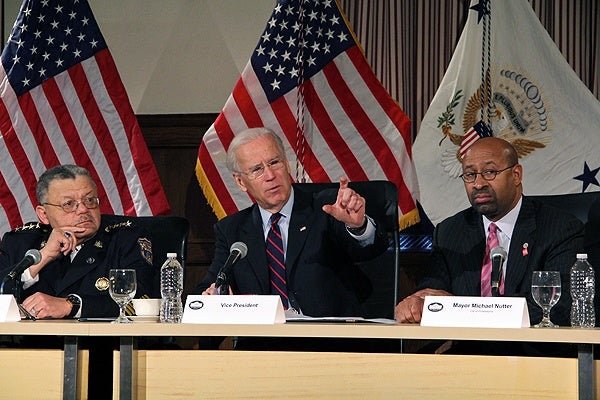 <p>Flanked by Philadelphia Police Chief Charles Ramsey and Mayor Michael Nutter, Vice President Joe Biden speaks about gun safety at Girard College. (Emma Lee/for NewsWorks)</p>
