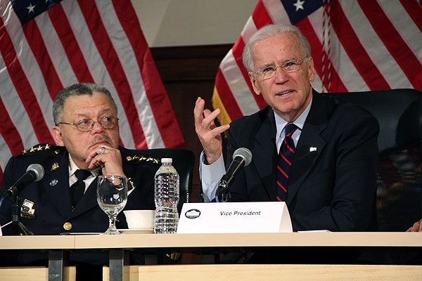 <p>With Philadelphia Police Chief Charles Ramsey looking on, Vice President Joe Biden suggest what could be done to curb gun violence during a press conference at Girard College. (Emma Lee/for NewsWorks)</p>
