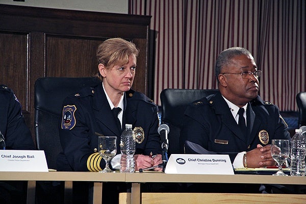 <p>Wilmington Police Chief Christine Dunning sits on a gun safety panel with Vice President Joe Biden in Philadelphia while her force deals with a fatal shooting at the New Castle County courthouse. Beside her is Atlantic City Police Chief Ernest Jubilee. (Emma Lee/for NewsWorks)</p>
