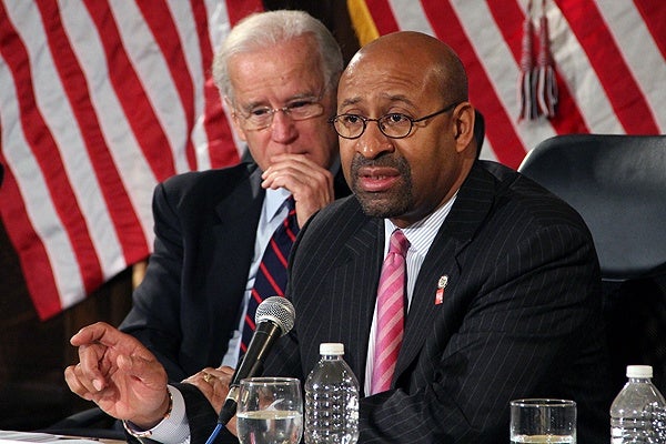 Former Mayor Michael Nutter speaks about gun control during a press conference with then-Vice President Joe Biden and law enforcement officials at Girard College. (Emma Lee/for NewsWorks)
