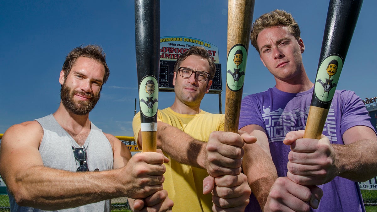Mark Malec ,Gary Malec  CEO and founder brothers from Wildwood Crest and Tim Cusick  of Birdman Bats an independent baseball bat company out of San Fransisco looking to break into the big league.  (Anthony Smedile/for NewsWorks