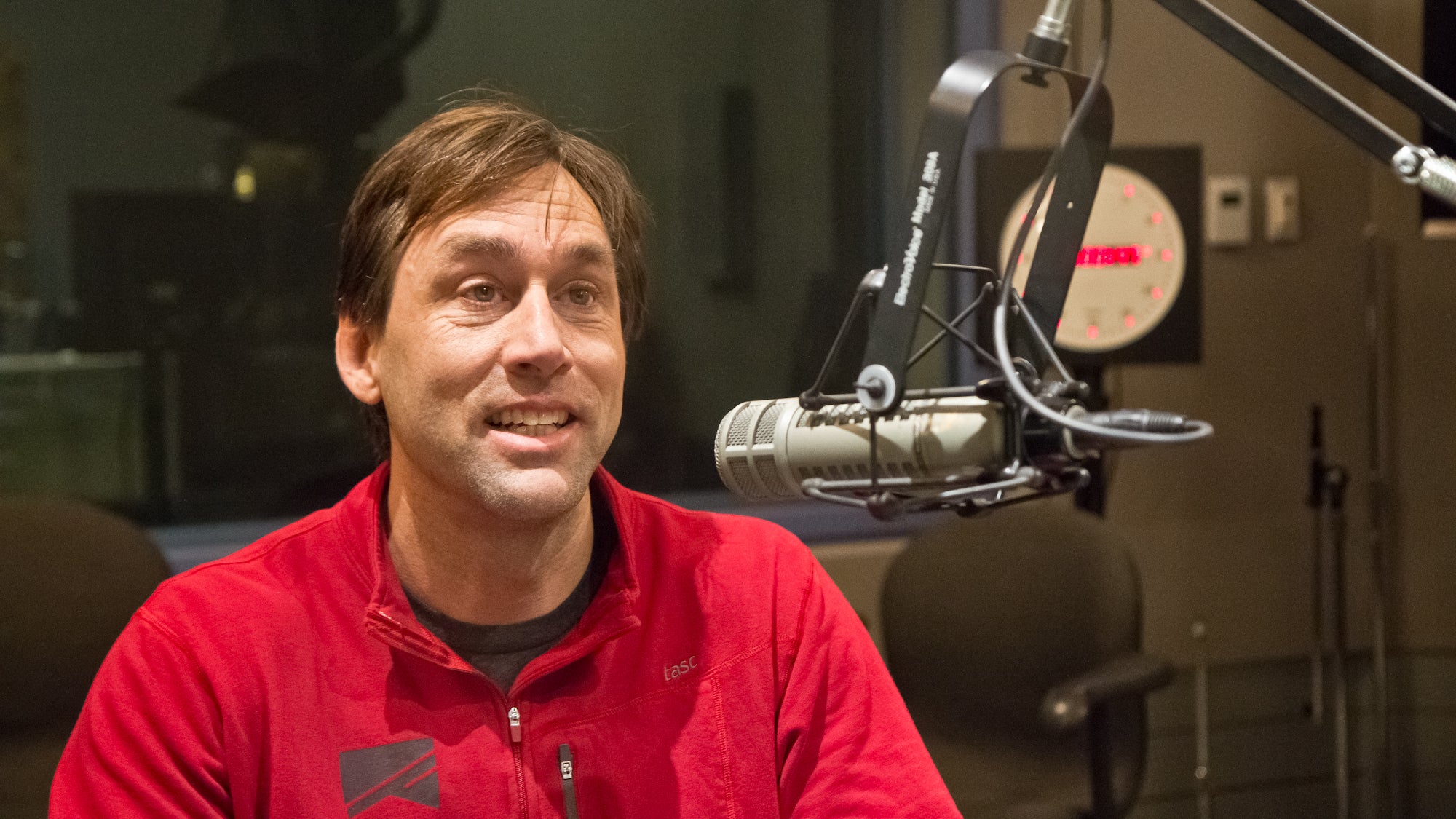  Erik Weihenmayer, author of 'No Barriers: A Blind Man’s Journey to Kayak the Grand Canyon,' visits WHYY studios Tuesday. (Kimberly Paynter/WHYY) 
