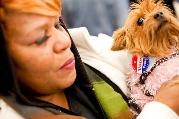 <p><p>Dorthea Sanchez, along with her dog, Bella, cast a ballot at the Awbury Recreation Center in Germantown Tuesday morning. (Brad Larrison/For NewsWorks)</p></p>
