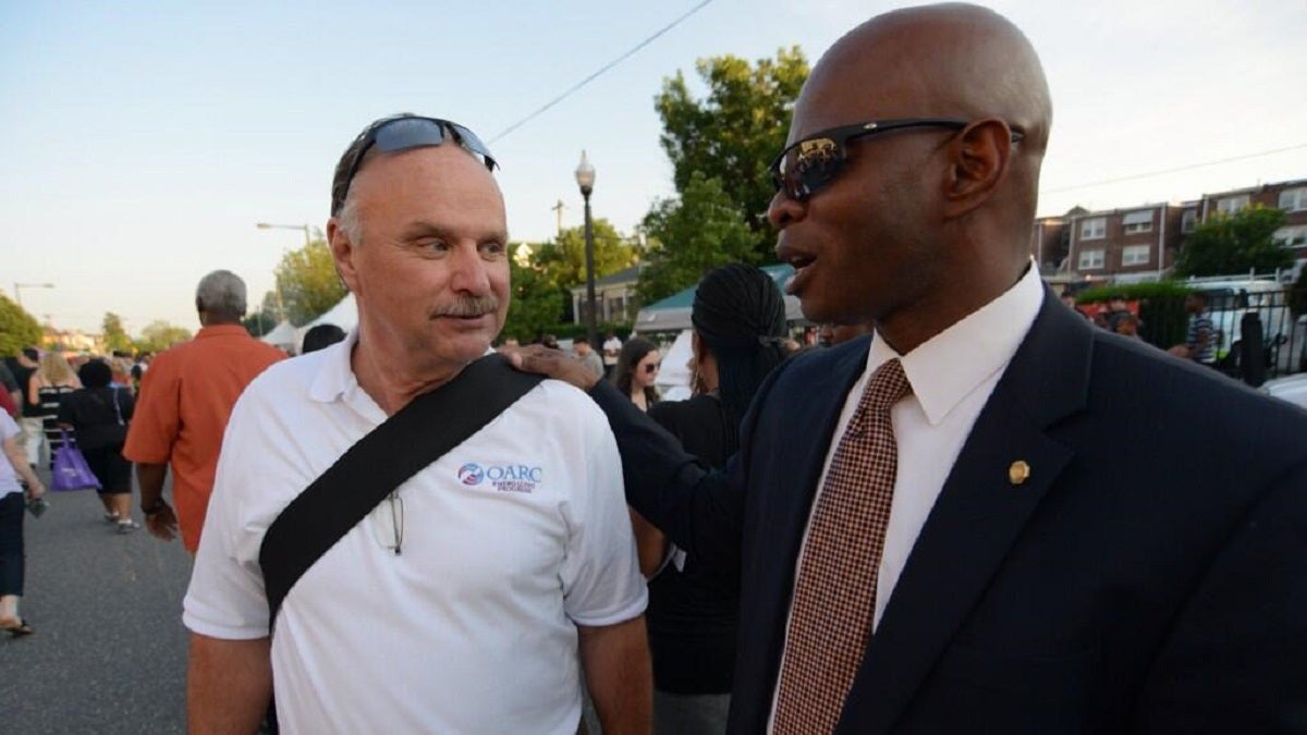  OARC CEO Jack Kitchen and State Rep. Stephen Kinsey at Thursday's Night Market in West Oak Lane. (Bas Slabbers/for NewsWorks) 