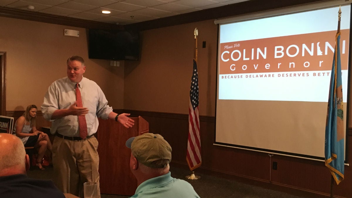  Colin Bonini talks to Kent County Republicans in Dover. (Mark Eichmann/WHYY) 