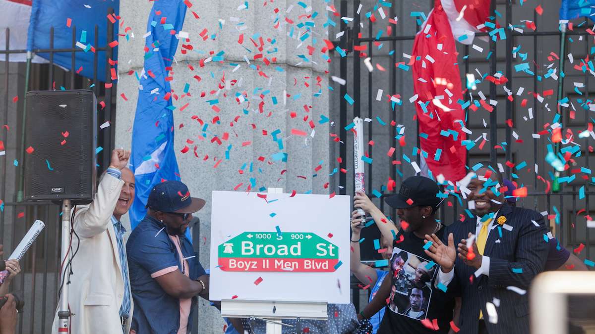 The new Boyz II Men Boulevard is unveiled to the group by Philadelphia City Councilmen Mark Squilla and Kenyatta Johnson.