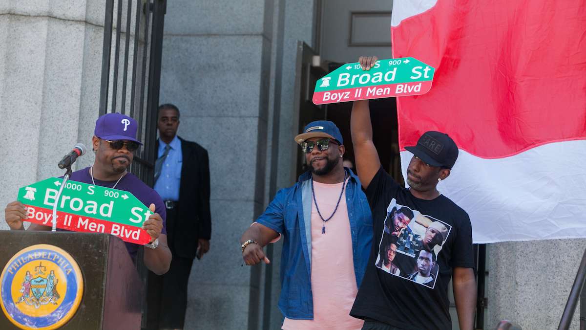 Boyz II Men with their newly unveiled Boyz II Men Boulevard signs in front of their alma mater the Philadelphia High School for Creative and Performing Arts.