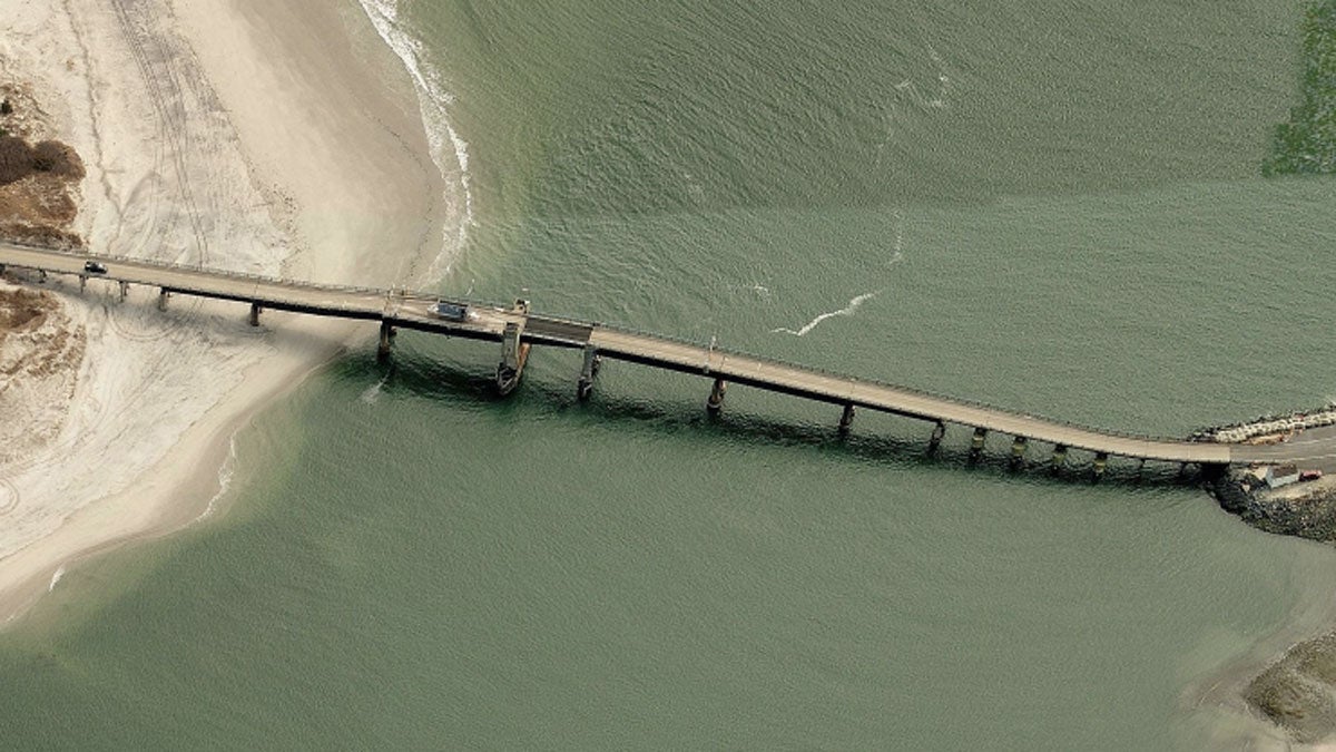  The damaged bridge connects Sea Isle City (left) to Avalon (right) in New Jersey. (Bing Maps image) 