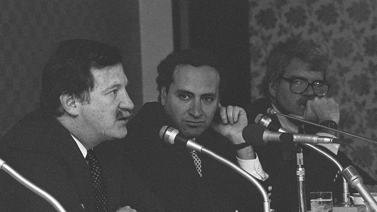  Bruce A. Morrison, left, D-Conn., is shown speaking at a press conference in 1987 as Rep. Charles E. Schumer, center, D-N.Y., and Rep. George Miller, D-Calif., look on. (AP Photo/Koji Sasahara/stf, file) 