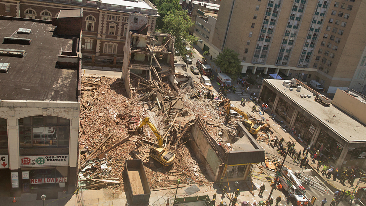  A four-story building collapsed on 22nd and Market Streets at 10:45 a.m. Wednesday, June 5, 2013.  (Lindsay Lazarski/WHYY)    