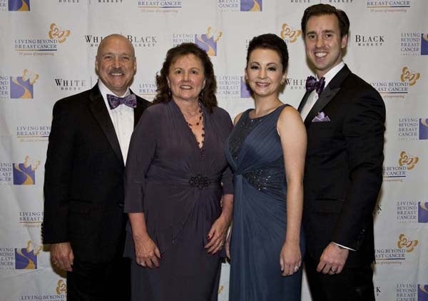 <p><p>Ron and Barb Kern (left), Jackie Roth, a breast cancer survivor and one of the recipients of the evening's Going Beyond Awards; and her husband, Ron Kern, Jr. (Photo courtesy of Zoey Sless-Kitain)</p></p>
