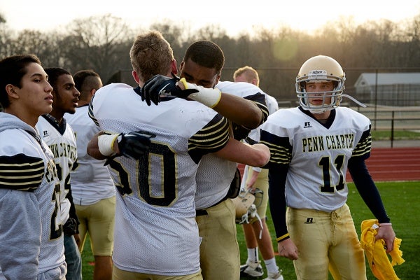<p><p>Two Penn Charter players congratulate one another on the sideline. (Bas Slabbers/for NewsWorks)</p></p>
