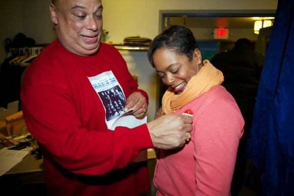 <p><p>5:50pm - Judge of elections, Armstead King, Jr. gives Councilwoman Cindy Bass an 'I voted today' sticker. (Bas Slabbers/for NewsWorks)</p></p>
