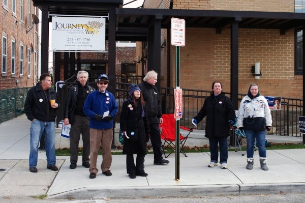 <p><p>A collection of poll workers stand infront of the polling station on Rector Street in Roxborough at 3 p.m. on Tuesday. (Bas Slabbers/for NewsWorks)</p></p>
