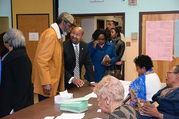 <p><p>Philadelphia Mayor Michael Nutter checked in to vote at the John Anderson Cultural Center on Overbrook Avenue just before 9 a.m. Tuesday. (Bas Slabbers/for NewsWorks)</p></p>
