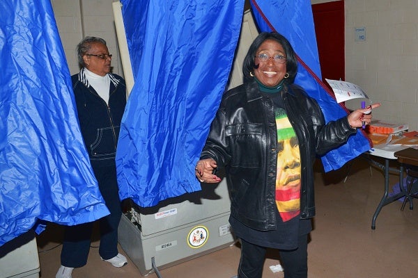 <p><p>Ninth district Councilwoman Marian B. Tasco walks out of the booth after voting at Finley Recreation Center at 10:30 a.m. (Bas Slabbers/for NewsWorks)</p></p>
