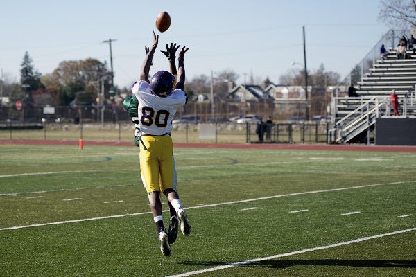 <p><p>Wide reciever Nadir Johnson (#80) goes up for a catch that was not to be. (Bas Slabbers/for NewsWorks)</p></p>
