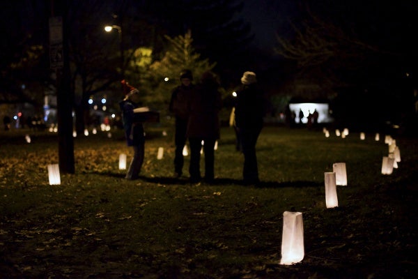 <p><p>Luminaries lit up the path to the monument in McMichael Park. (Bas Slabbers/for NewsWorks)</p></p>
