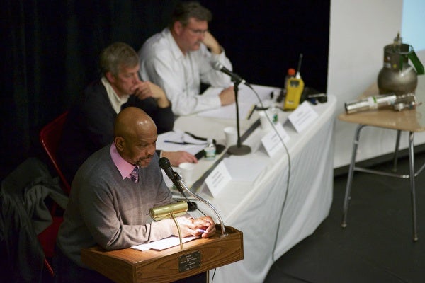 <p><p>Paulsboro Mayor Jeffrey Hamilton addresses the crowd at the second community meeting on the toxic spill. (Bas Slabbers/for NewsWorks)</p></p>
