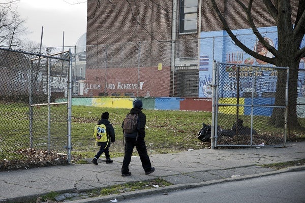 <p><p>Two young students walking to Robert Fulton Public School on Thursday morning. (Bas Slabbers/for NewsWorks)</p></p>
