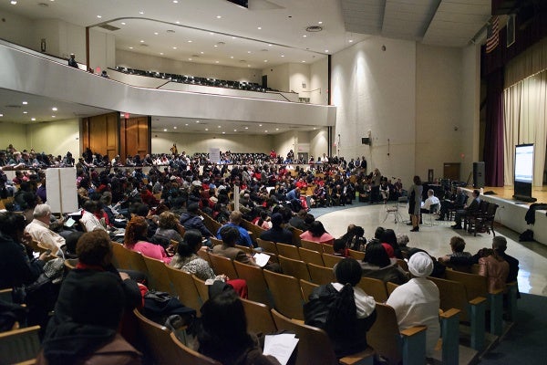 <p>The event is held in the auditorium of Martin Luther King High School. (Bas Slabbers/for NewsWorks)</p>
