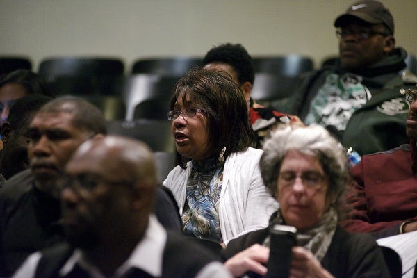 <p><p>Germantown High School Principal Mrs. Mullen-Bavwidinsi sits in the back of the auditorium amongst a small delegation from the school. (Bas Slabbers/for NewsWorks)</p></p>
