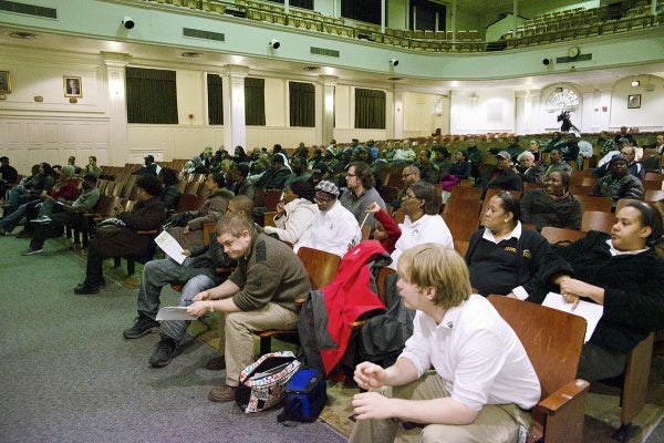 <p><p>Germantown High School alumni discuss the school's future at a Wednesday night meeting called to mount opposition to a district proposal to close it in June. (Bas Slabbers/for NewsWorks)</p></p>
