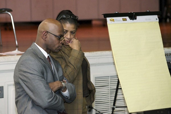 <p><p>State Rep.-elect Stephen Kinsey and Vera Primus, president of Germantown High School's alumni association, strategize an approach to keep GHS open next year. (Bas Slabbers/for NewsWorks)</p></p>
