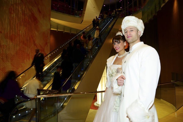 <p><p>This winter themed couple welcomes the guests at the entrance of the Revel with a smile. (Bas Slabbers/for NewsWorks)</p></p>
