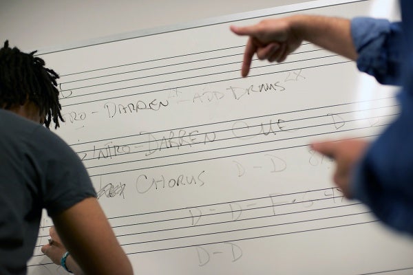 <p>The schematics of a song are made visible on a whiteboard in the classroom. (Bas Slabbers/for NewsWorks)</p>
