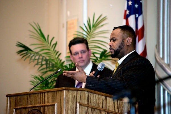 <p><p>Fourth District Councilman Curtis J. Jones, Jr. addressed the crowd on Thursday night. (Bas Slabbers/for NewsWorks)</p></p>

