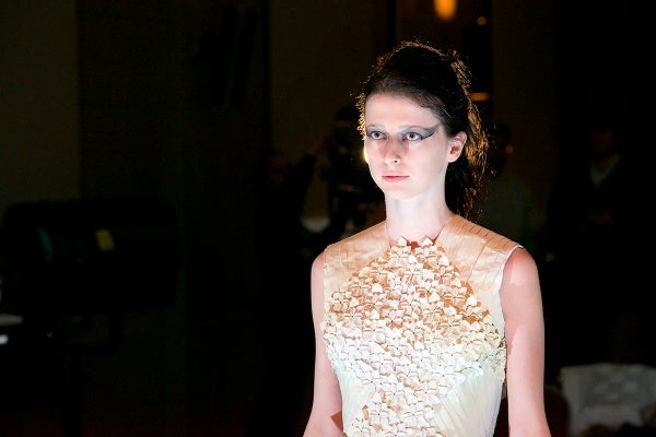 <p><p>Julianne models a white wedding dress made by a Phila U. student. (Bas Slabbers/for NewsWorks)</p></p>
